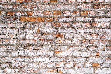 Texture of an old brick painted in white, torn wall, background