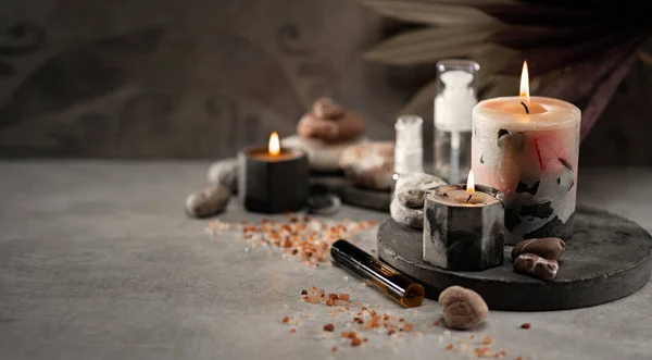 Wellness Salon Concept Αναμμένα Κεριά Πέτρες Αλάτι Spa Χαλάρωση Banner — Φωτογραφία Αρχείου