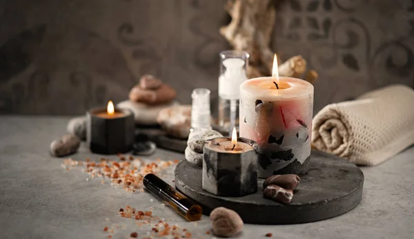 Wellness Salon Concept Burning Candles Stones Salt Spa Relaxation — Stock Photo, Image