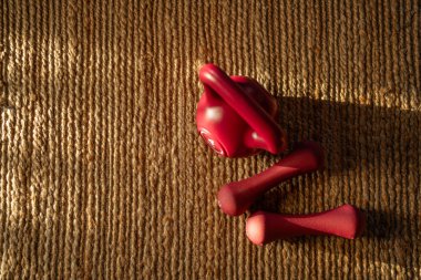 Güneş ışığı altında spor salonunda örülmüş halterler ve parlak kırmızı halterler.