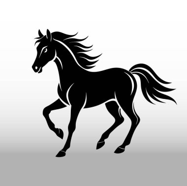 Koşan bir atın parlak ve minimalist silueti. Tasarım pürüzsüz kenarları ile temiz, herhangi bir doku ve detaydan yoksun, beyaz bir arkaplana göre ayarlanmış. Atın dinamik hareketi, zarif biçimini vurgulayarak, orta adımda yakalanır.