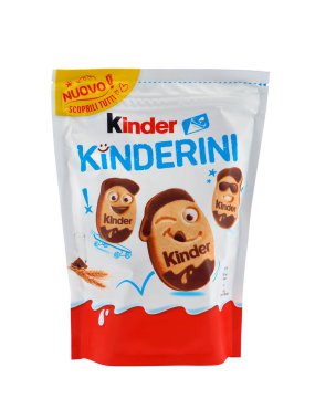 Roma, İtalya - 18 Kasım 2023. - 18 Kasım 2023. Kinderini bisküvileri beyaz arka planda izole edilmiş. Kinder Chocolate, İtalyan çok uluslu şekerleme şirketi Ferrero tarafından üretilen çikolatadır..