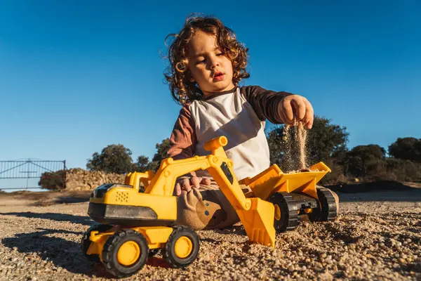 Nice Happy Little Boy Playing Excavator Machine Truck Sunlight — Stock Photo, Image