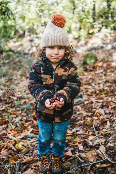 Cute Little Fashionable Boy Hat Collecting Chestnuts Forest Offering Them — Stock Photo, Image