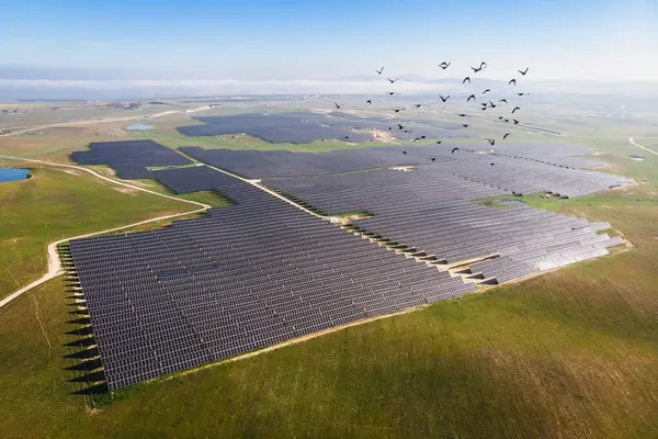 Aerial Photo Solar Photovoltaic Power Plant Blue Sky Bright Sunny — Stock Photo, Image