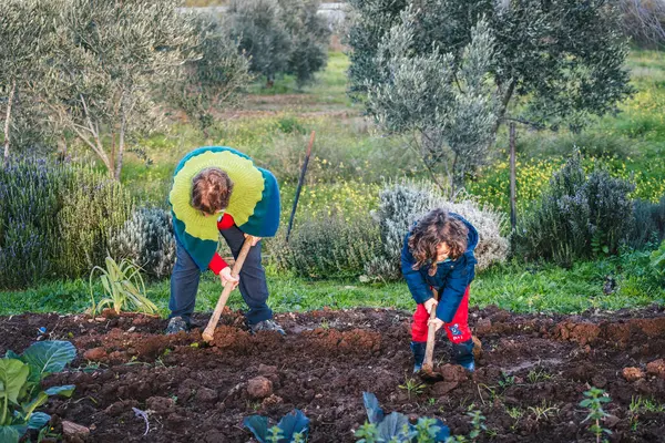 年上の女性と小さな男の子は 植えるために家族の庭の土を働いています — ストック写真