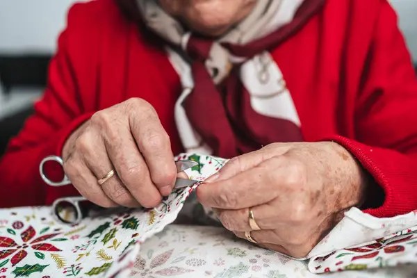 Seamstress Hands Fixing Dress Scissors — Stock Photo, Image
