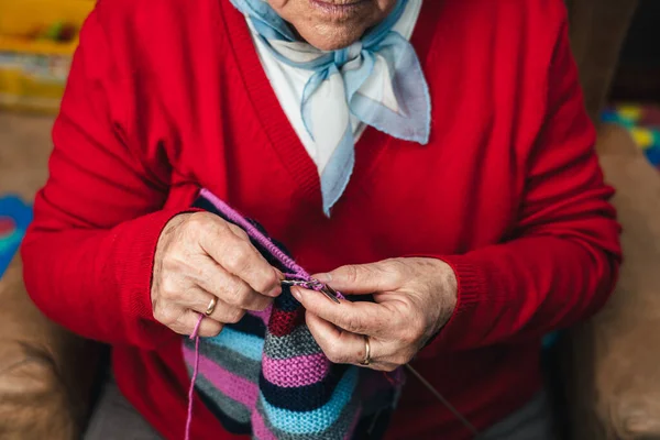 Horizontal Overhead Portrait Senior Woman Hands Sewing Wool Sofa Home — Stock Photo, Image