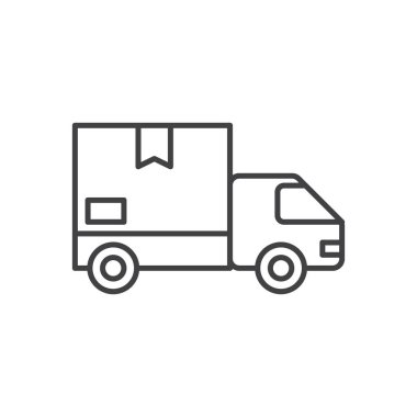 Teslimat kutusu kamyonda, hızlı nakliye, teslimat işi logosu, indirme, çizgi resim ikonu.