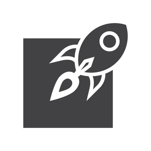 Roket uzay gemisi kare kutusundan fırlatılıyor, boşluk, hızlı nakliye, teslimat logo vektörü katı siyah simge.