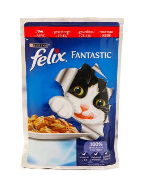BUCHARest, Roma - 10 Ocak 2019 'da. Purina Felix Fantastik, ıslak kedi maması kesesi