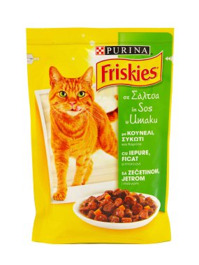 BUCHARest, Roma - 29 Mart 2019. Purina Friskies, ıslak kedi maması kesesi