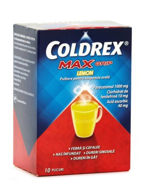 BUCHARest, ROMANIA - 2 Ekim 2019. Coldrex Max Grip Limon tozu, 10 kese.