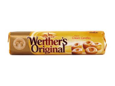 BUCHARest, ROMANIA - 4 Ağustos 2019. Werthers Orijinal Krem Şekerleri. Werthers Orijinali karamel aromalı bir şekerdir. 