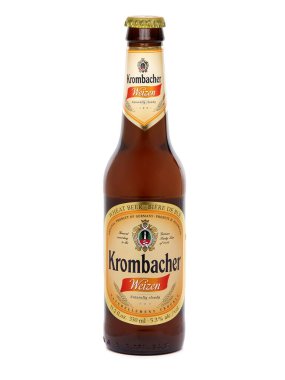 BUCHAREST, ROMANIA - AUGUST 4, 2019. Bottle of Krombacher Weizen wheat beer clipart
