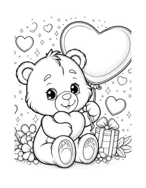 Sevgililer Günü için boyama sayfası. Küçük ayı bir kalp tutuyor