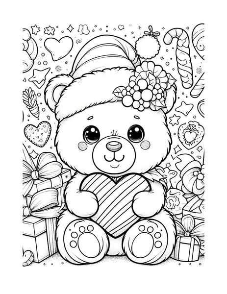 Sevgililer Günü için boyama sayfası. Küçük ayı bir kalp tutuyor