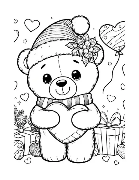 Sevgililer Günü için boyama sayfası. Küçük ayı bir kalp tutuyor