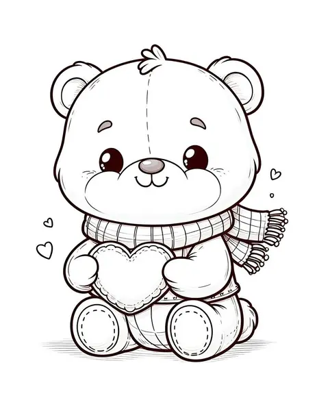 Sevgililer Günü için boyama sayfası. Küçük ayı bir kalp tutuyor