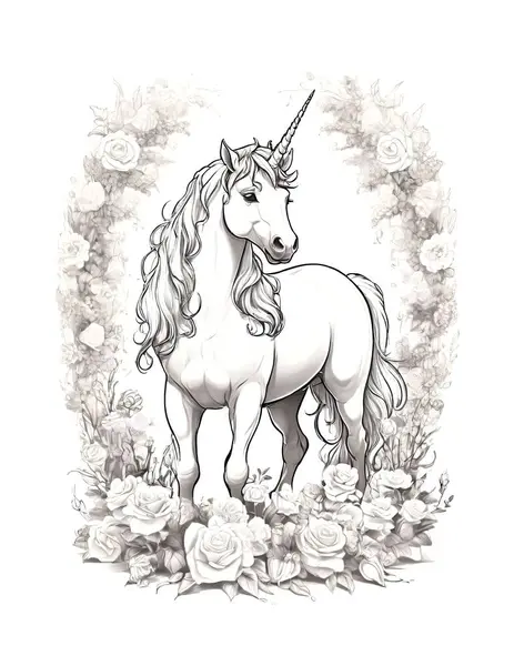 Sevgililer Günü Tekboynuzu Güllerin Renk Sayfasıyla çevrili