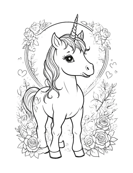 Sevgililer Günü Tekboynuzu Güllerin Renk Sayfasıyla çevrili