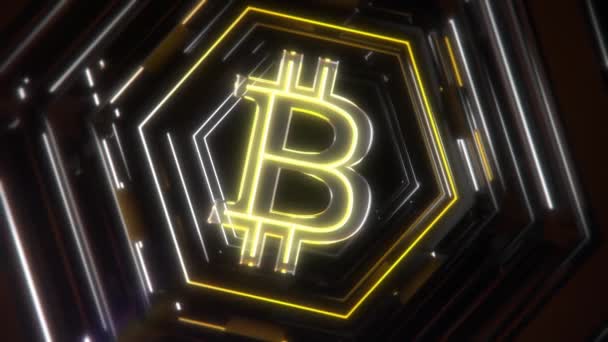 Logo Bitcoin Terowongan Lampu Dynamic Camera Movement Animasi Desain Gerakan — Stok Video
