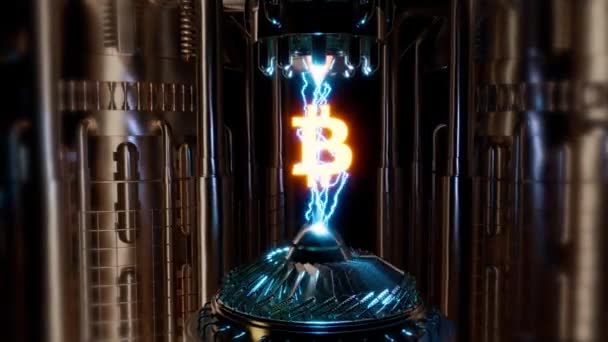 Btc Logotipo Bitcoin Máquina Steampunk Com Relâmpagos Câmera Dinâmica Movimento — Vídeo de Stock