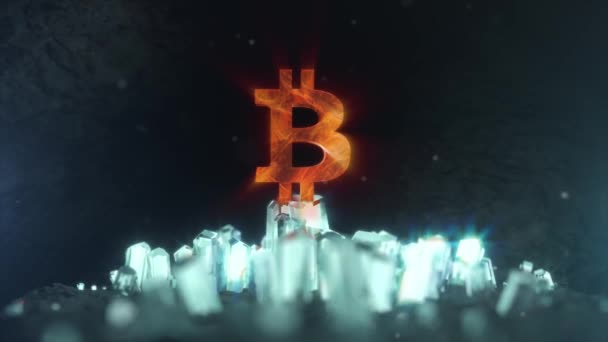 Стилизованный Логотип Биткойна Пещере Сложенной Сокровище Кристаллах Высококачественные Кадры — стоковое видео