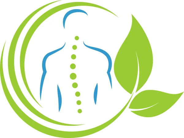 Pessoa Folhas Coluna Vertebral Quiroprático Ortopédico Massagem Logotipo Fundo — Vetor de Stock
