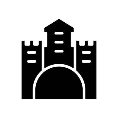 Minimalist siyah siluet grafiği, içinde tarihi ve mirası sembolize eden kuleler ve kemer yolu bulunan bir ortaçağ kalesi..