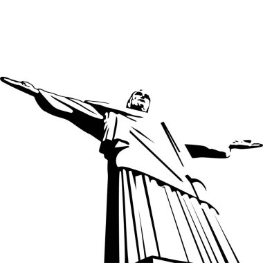 Rio İsa 'nın siyah beyaz tekniğiyle illüstrasyonu. Rio de Janeiro şehrinin tepesindeki dağın tepesindeki ruhani anıt. Brezilya 'nın en popüler yerlerinden birinin panorama manzarası. Ruhani lider heykelinin dünya simgesi.