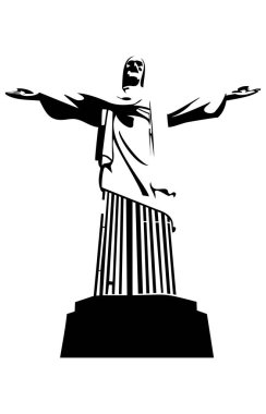 Rio İsa 'nın siyah beyaz tekniğiyle illüstrasyonu. Rio de Janeiro şehrinin tepesindeki dağın tepesindeki ruhani anıt. Brezilya 'nın en popüler yerlerinden birinin panorama manzarası. Ruhani lider heykelinin dünya simgesi.