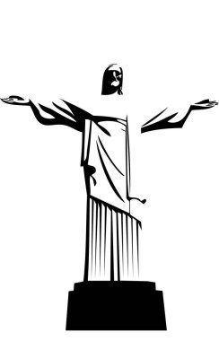 Rio İsa 'nın siyah beyaz tekniğiyle illüstrasyonu. Rio de Janeiro şehrinin tepesindeki dağın tepesindeki ruhani anıt. Brezilya 'nın en popüler yerlerinden birinin panorama manzarası. Ruhani lider heykelinin dünya simgesi.