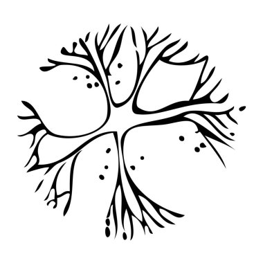 Beyaz arka planda ağaç silueti. Temel yerleşim yerindeki ağacın mimari sembolü. Ağaç gövdesinin basit şehir tasarım logosu. Üstten görünümlü bitkilerin kabataslak biçimde serbest çizimi