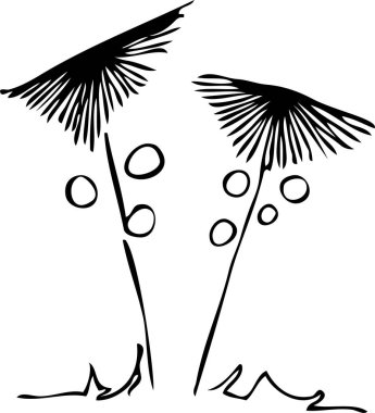 Beyaz arka planda ağaç silueti. Temel yerleşim yerindeki ağacın mimari sembolü. Ağaç gövdesinin basit şehir tasarım logosu. Bitkilerin serbest çizimi baştan savma bir şekilde üstte. Çeşitli ağaçların üst ve ön görünümü.