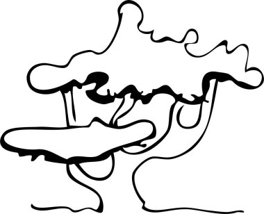 Beyaz arka planda ağaç silueti. Temel yerleşim yerindeki ağacın mimari sembolü. Ağaç gövdesinin basit şehir tasarım logosu. Bitkilerin serbest çizimi baştan savma bir şekilde üstte. Çeşitli ağaçların üst ve ön görünümü.