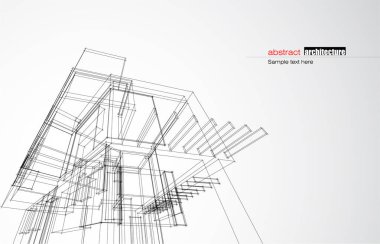 Kablo-çerçeve modu ve gradyan renk arkaplanı binasının mimari tasarımı. Genişletilmiş çizgiler ve çeşitli renklerde basit şekillerin doğrusal formları. Şeffaf yapının düz çizgisi