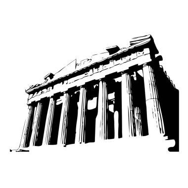 Atina Akropolü illüstrasyonu. Antik Yunan anıtı. Yunanistan 'daki antik tarihi anıt. Atina Akropolü ön girişi siyah-beyaz şekilde resmediyor
