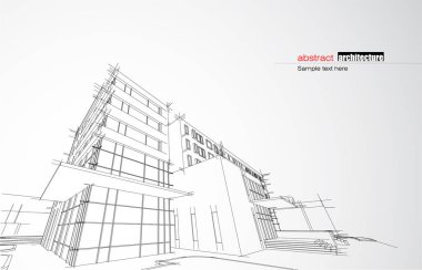 Kablo-çerçeve modu ve gradyan renk arkaplanı binasının mimari tasarımı. Genişletilmiş çizgiler ve çeşitli renklerde basit şekillerin doğrusal formları. Şeffaf yapının düz çizgisi