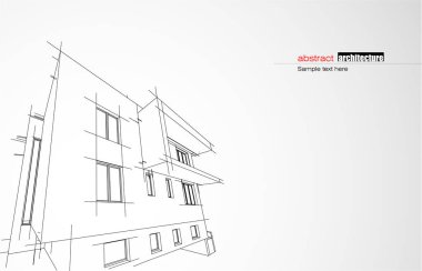 Kablo-çerçeve modu ve gradyan renk arkaplanı binasının mimari tasarımı. Genişletilmiş çizgiler ve çeşitli renklerde basit şekillerin doğrusal formları. Şeffaf yapının düz çizgisi