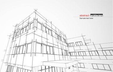 Kablo-çerçeve modu ve gradyan renk arkaplanı binasının mimari tasarımı. Genişletilmiş çizgiler ve çeşitli renklerde basit şekillerin doğrusal formları. Şeffaf yapının düz çizgisi