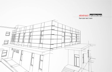 Kablo-çerçeve modu ve gradyan renk arkaplanı binasının mimari tasarımı. Genişletilmiş çizgiler ve çeşitli renklerde basit şekillerin doğrusal formları. Şeffaf yapının düz çizgisi