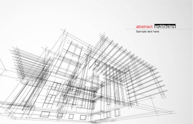 Kablo-çerçeve modu ve gradyan renk arkaplanı binasının mimari tasarımı. Genişletilmiş çizgiler ve çeşitli renklerde basit şekillerin doğrusal formları. Şeffaf yapının düz çizgisi