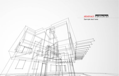 Kablo-çerçeve modu ve gradyan renk arkaplanı binasının mimari tasarımı. Genişletilmiş çizgiler ve çeşitli renklerde basit şekillerin doğrusal formları. Şeffaf yapının düz çizgisi