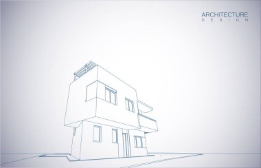 Kablo-çerçeve modu ve gradyan renk arkaplanı binasının mimari tasarımı. Genişletilmiş çizgiler ve çeşitli renklerde basit şekillerin doğrusal formları. Şeffaf yapının düz çizgisi