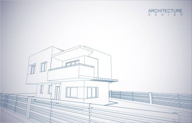 Kablo-çerçeve modu ve gradyan renk arkaplanı binasının mimari tasarımı. Genişletilmiş çizgiler ve çeşitli renklerde basit şekillerin doğrusal formları. Şeffaf yapının düz çizgisi