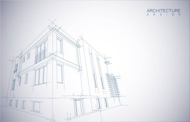 Kablo-çerçeve modu ve gradyan renk arkaplanı binasının mimari tasarımı. Genişletilmiş çizgiler ve çeşitli renklerde basit şekillerin doğrusal formları. Şeffaf yapının düz çizgisi