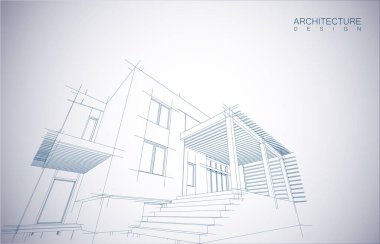 Kablo-çerçeve modu ve gradyan renk arkaplanı binasının mimari tasarımı. Genişletilmiş çizgiler ve çeşitli renklerde basit şekillerin doğrusal formları. Şeffaf yapının düz çizgisi