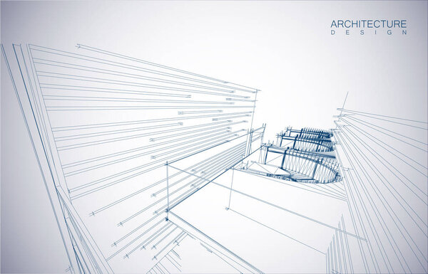 Архитектурное оформление здания в режиме проводки и градиентного цвета фона. Расширенные линии и линейные формы простой формы в различных цветах. Прямая линия прозрачной структуры