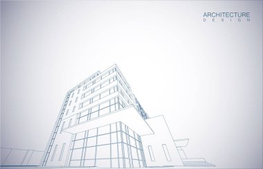 Kablo-çerçeve modu ve gradyan renk arkaplanı binasının mimari tasarımı. Genişletilmiş çizgiler ve çeşitli renklerde basit şekillerin doğrusal formları. Şeffaf yapının düz çizgisi